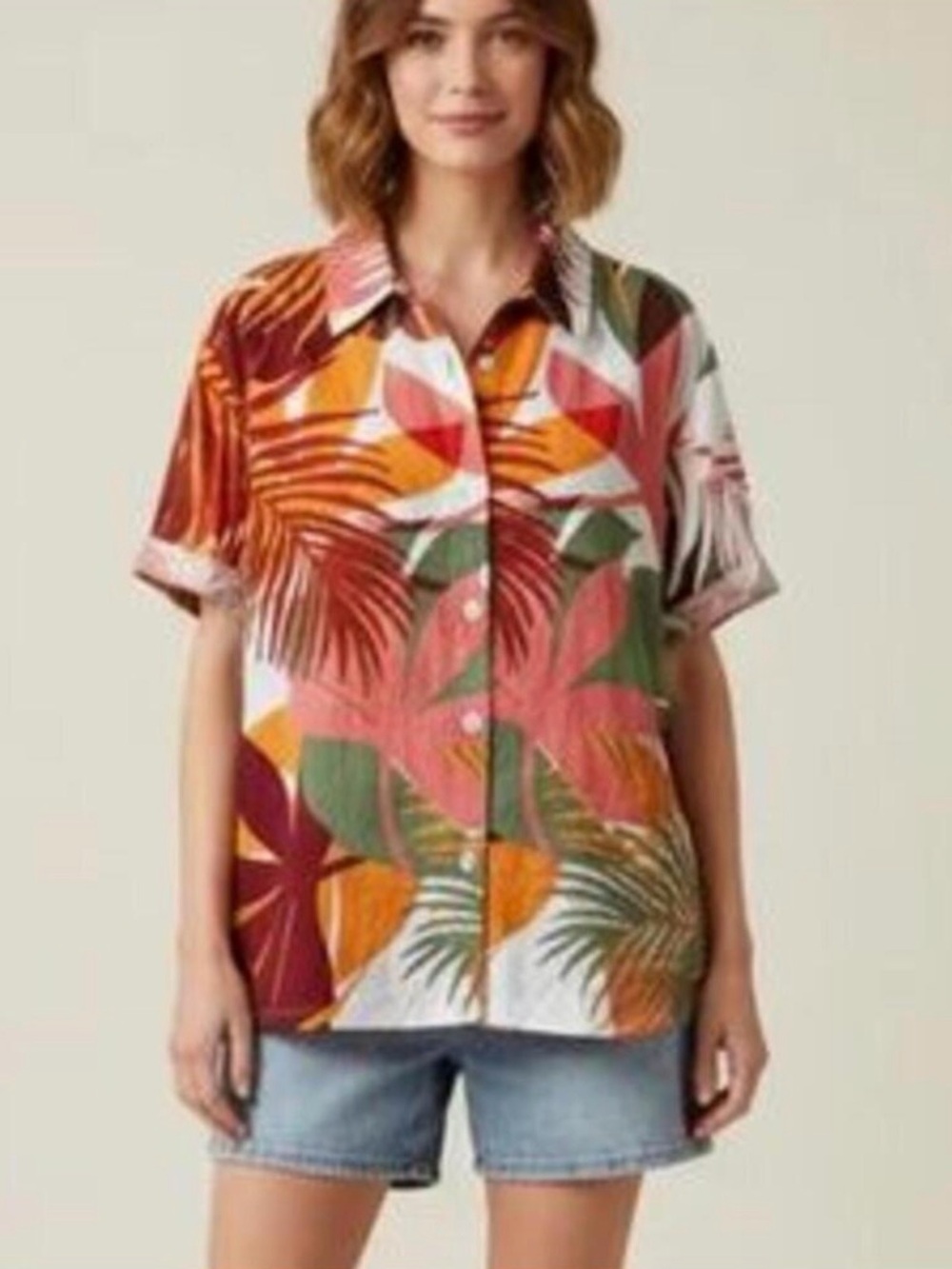 Vitamin A Palm Print Linen Blend Short Sleeve Camp Collar Shirt Sz M